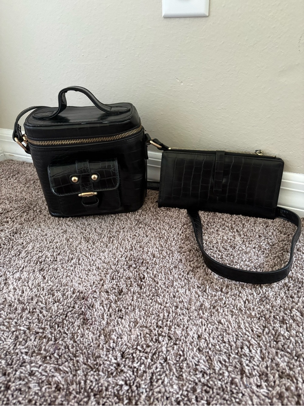 Black Croc-Embossed Vanity Bag with Matching Crossbody Wallet